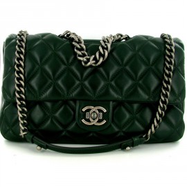 Dark green clasp boy quilted leather CHANEL bag