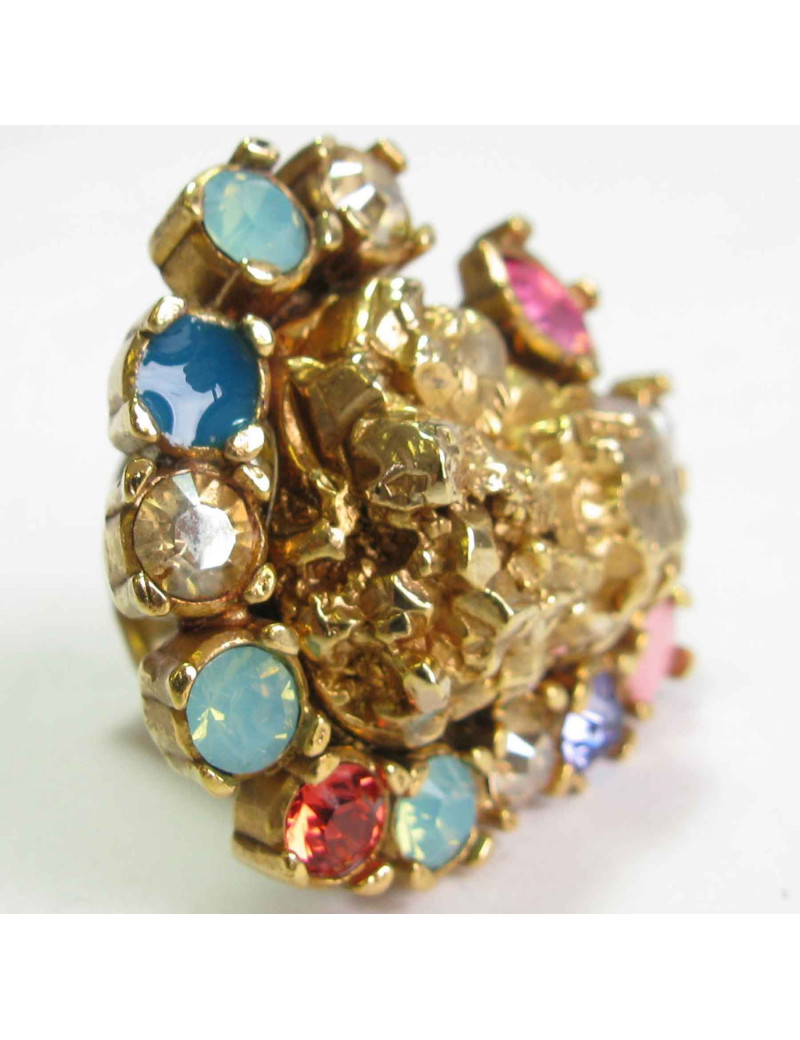 Bague YVES SAINT LAURENT T49 Vintage coeur en métal doré et strass de couleur