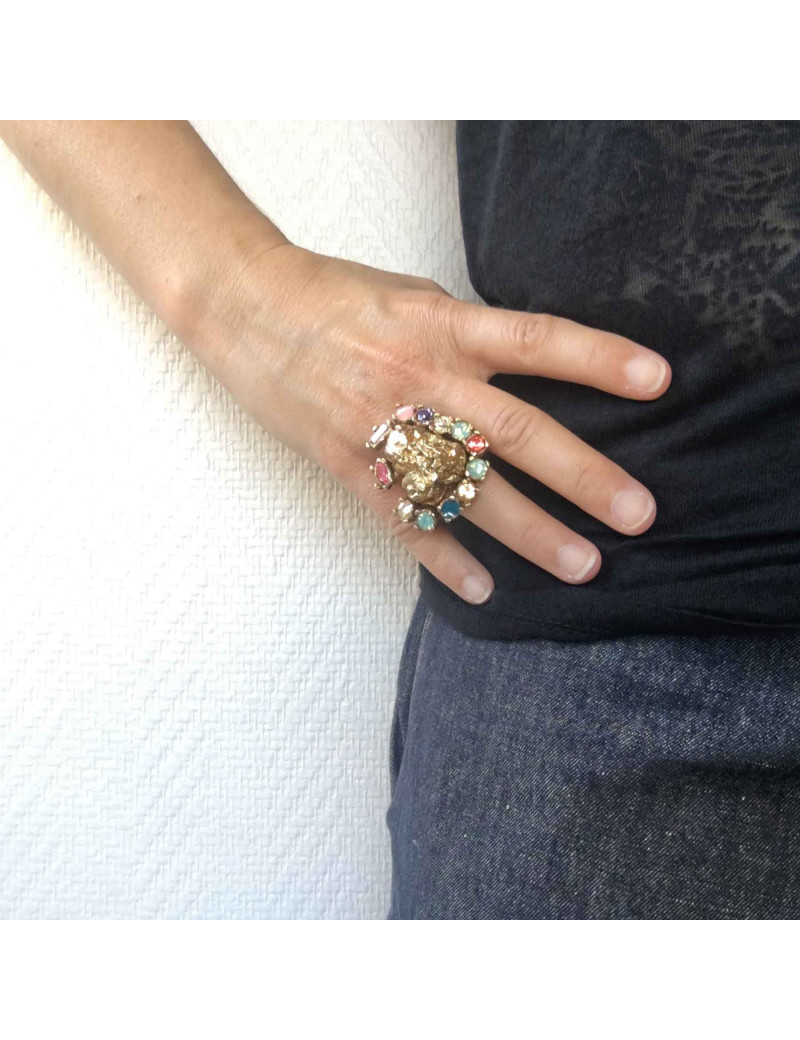 Bague YVES SAINT LAURENT Vintage coeur en métal doré et strass de couleur