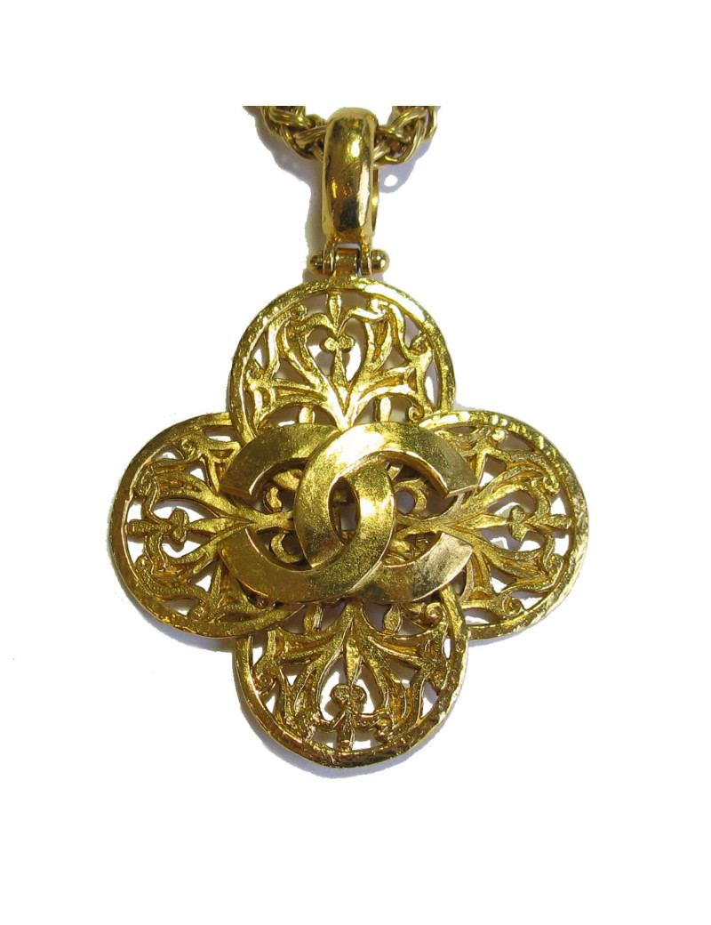 Sautoir CHANEL Collection 1995 vintage pendentif et chaîne en métal doré