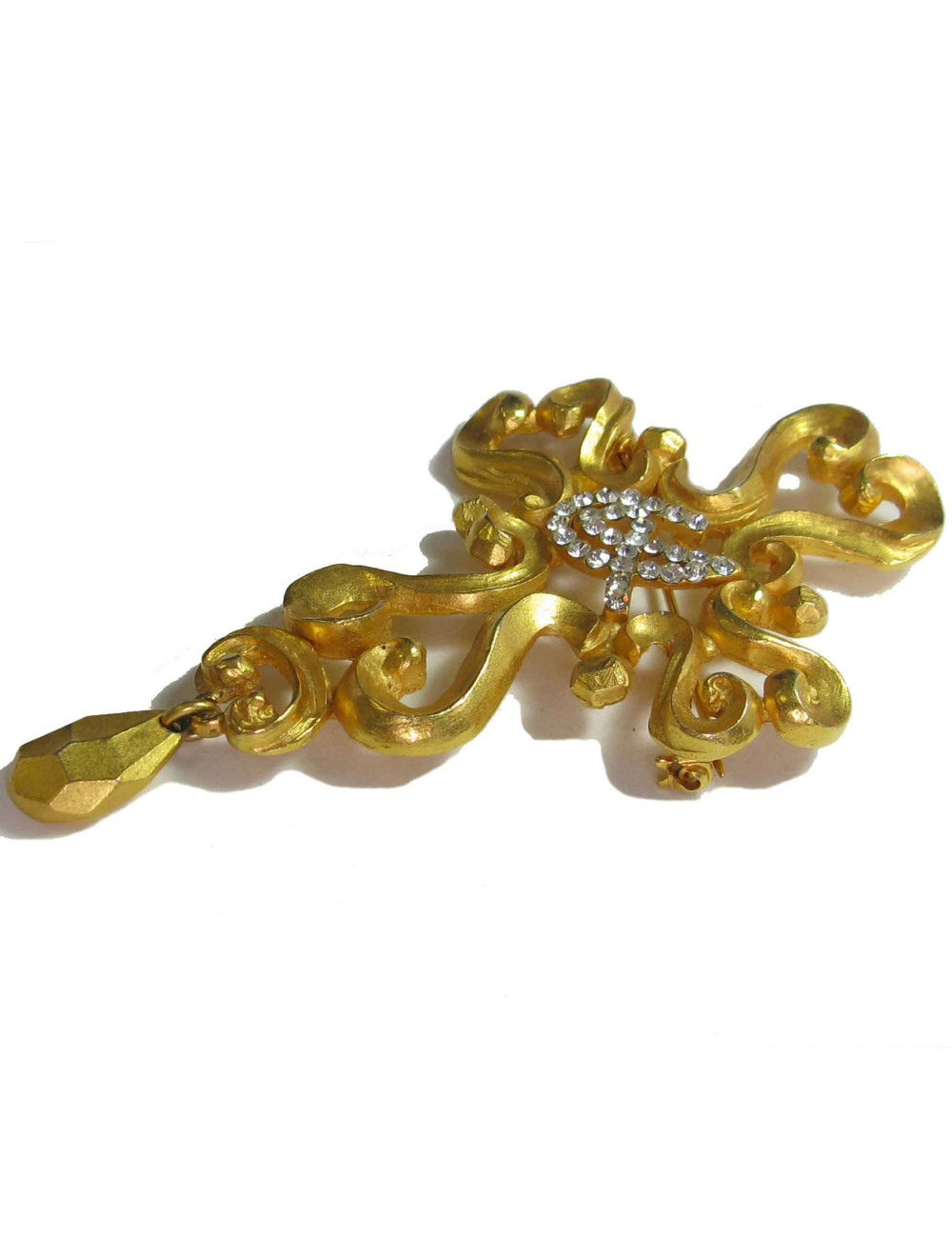 CHRISTIAN LACROIX Vintage brooch in gilt metal and rhinestones