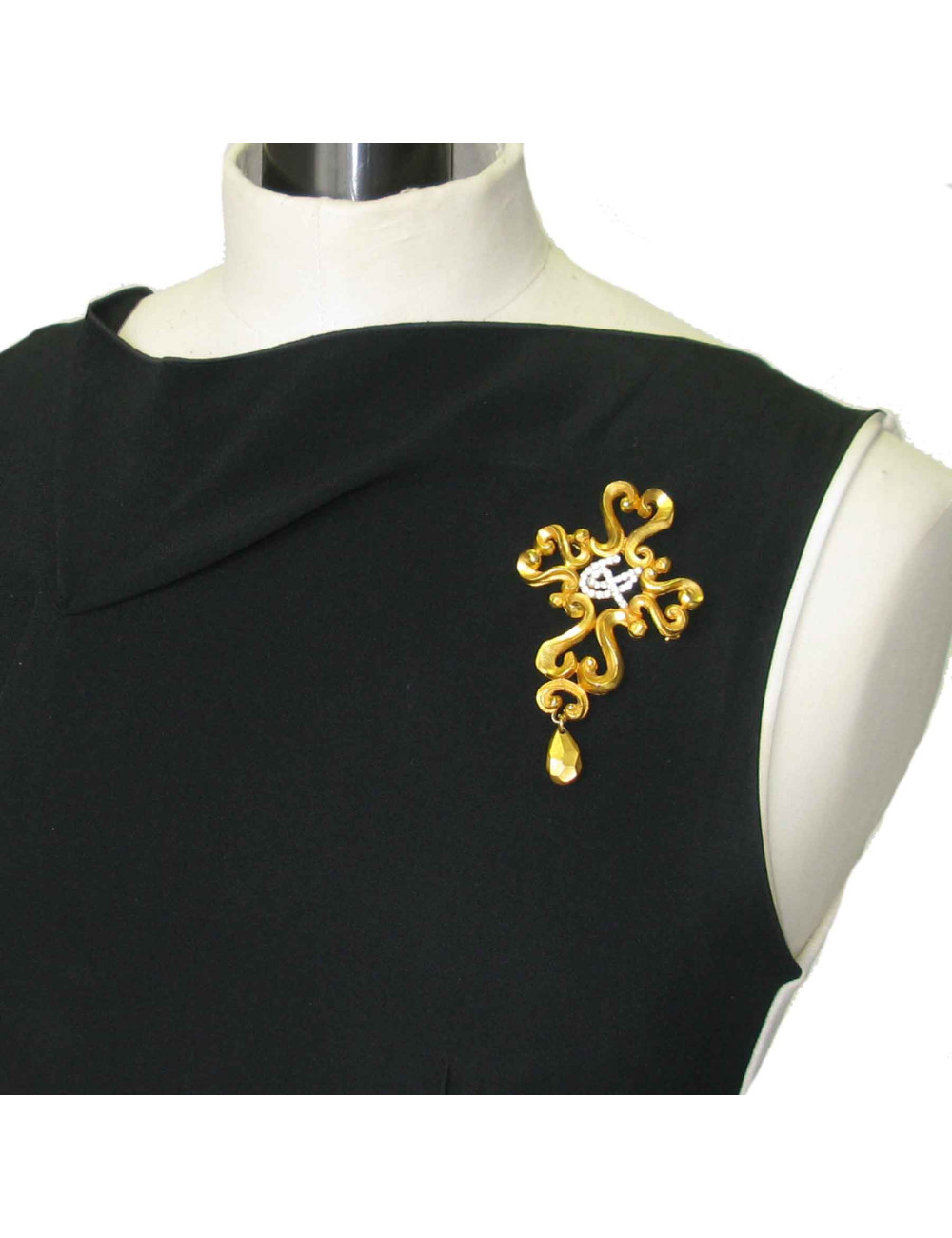 CHRISTIAN LACROIX Vintage brooch in gilt metal and rhinestones