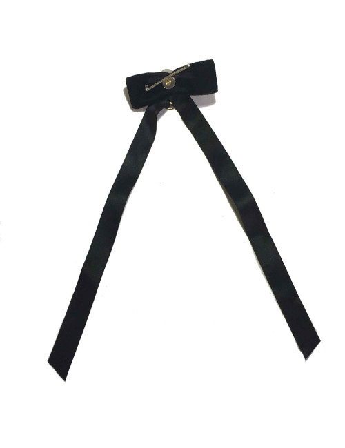 Broche Noeud CHANEL en satin de soie noire et camélia en métal argenté