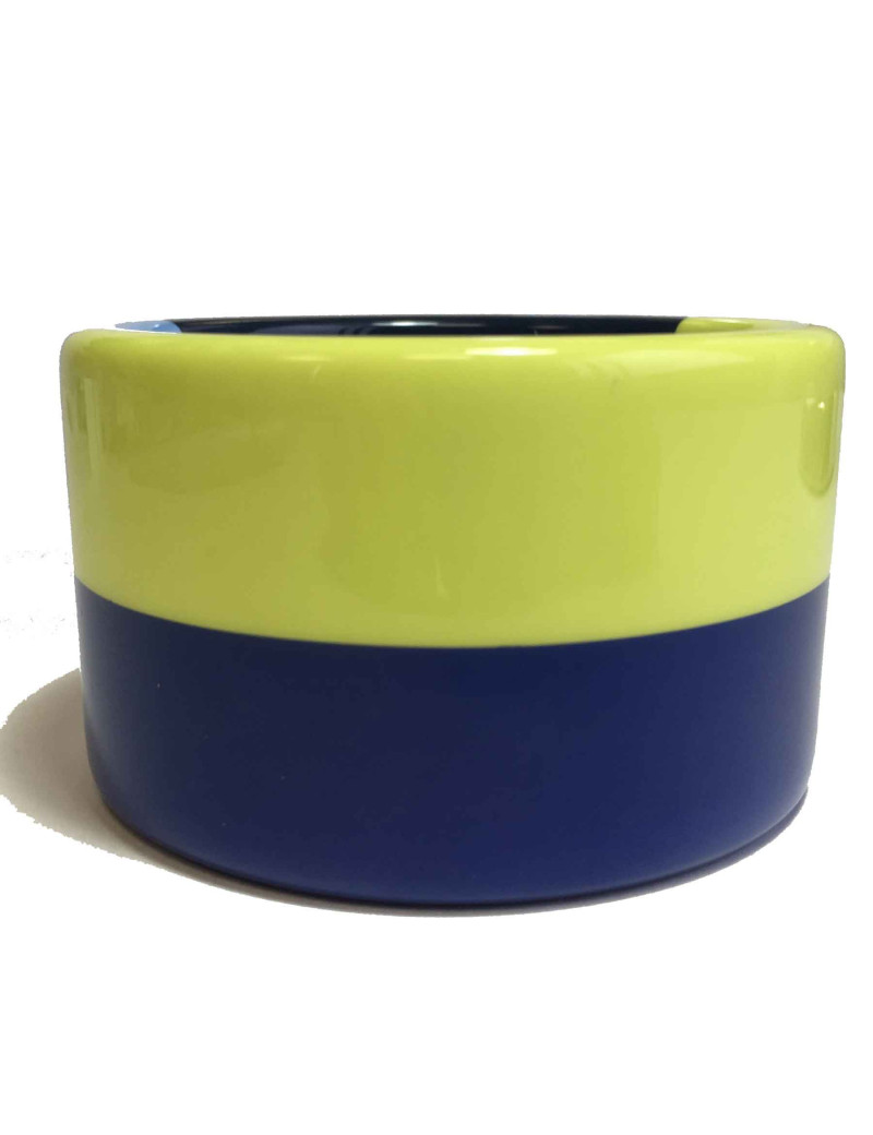 Bracelet manchette HERMES en bois laqué bleu et jaune