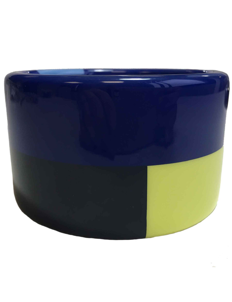 Bracelet manchette HERMES en bois laqué bleu et jaune