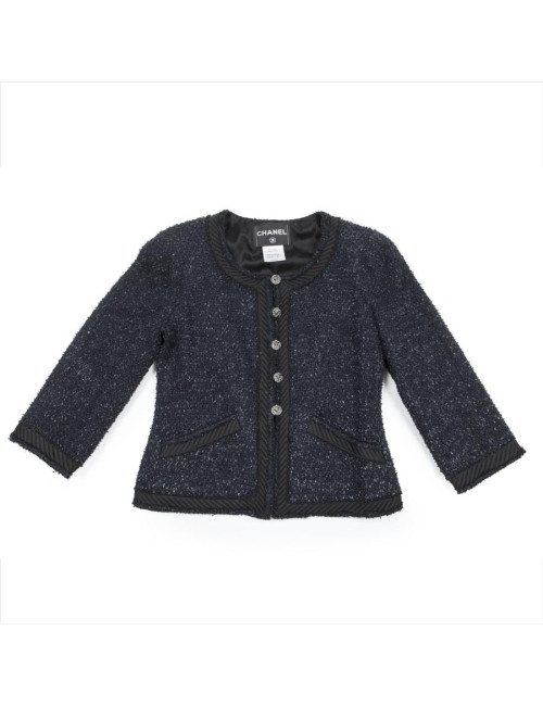 Veste CHANEL T34 Tweed  bleu marine et noir