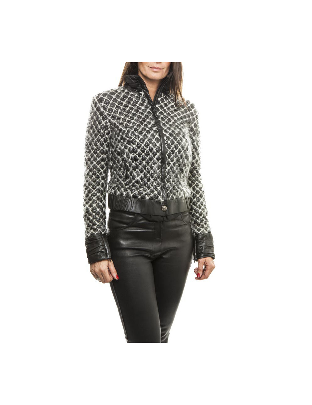 CHANEL jacket in black lamb leather stitched with white mohair size 38FR 