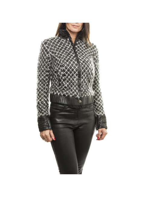 CHANEL jacket in black lamb leather stitched with white mohair size 38FR 