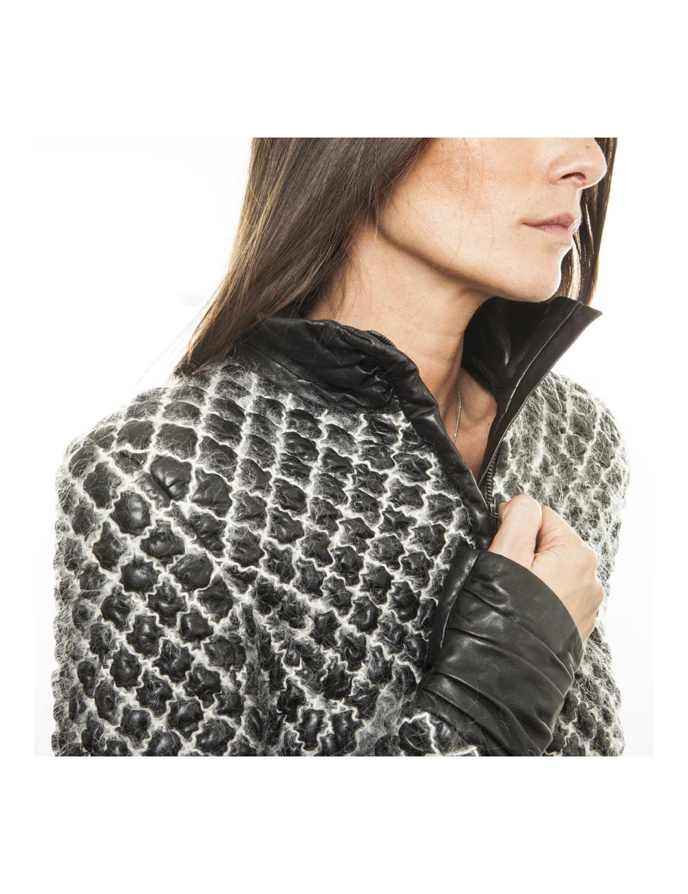 CHANEL jacket in black lamb leather stitched with white mohair size 38FR 