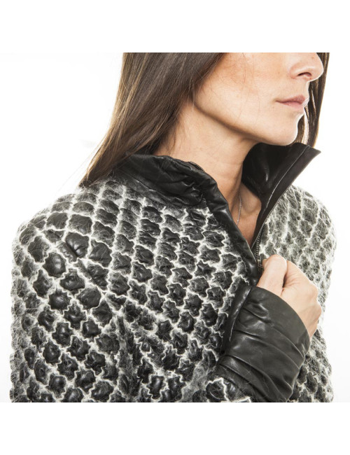 CHANEL jacket in black lamb leather stitched with white mohair size 38FR 