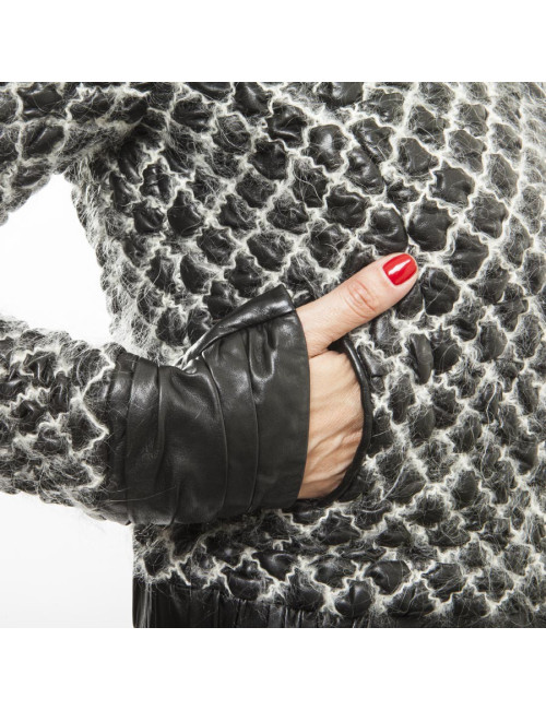 CHANEL jacket in black lamb leather stitched with white mohair size 38FR 