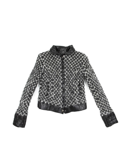 CHANEL jacket in black lamb leather stitched with white mohair size 38FR 