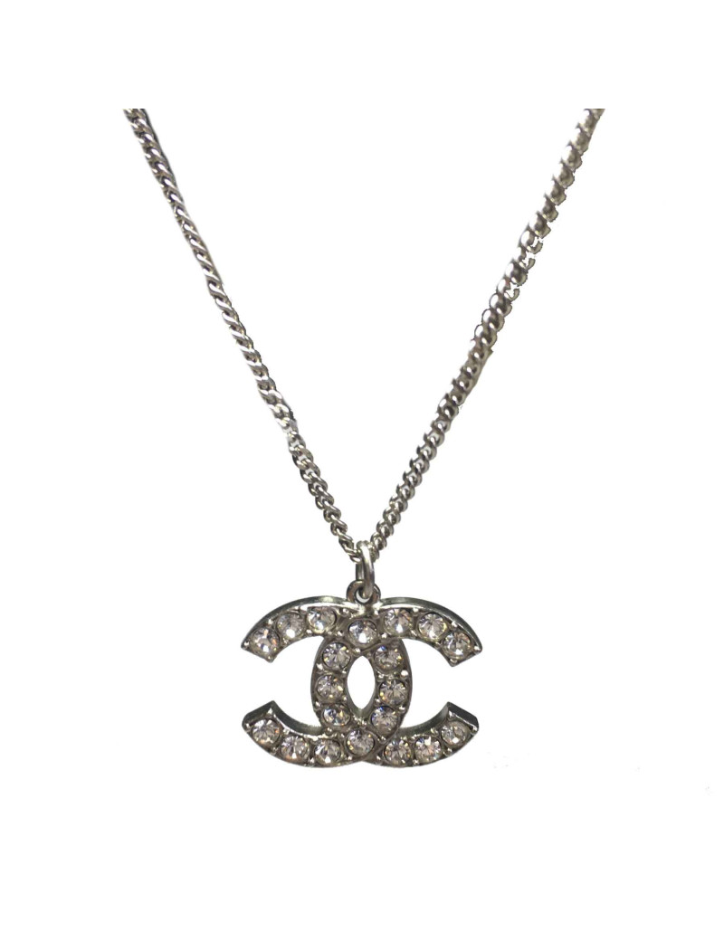 Collier CHANEL CC strass métal argenté