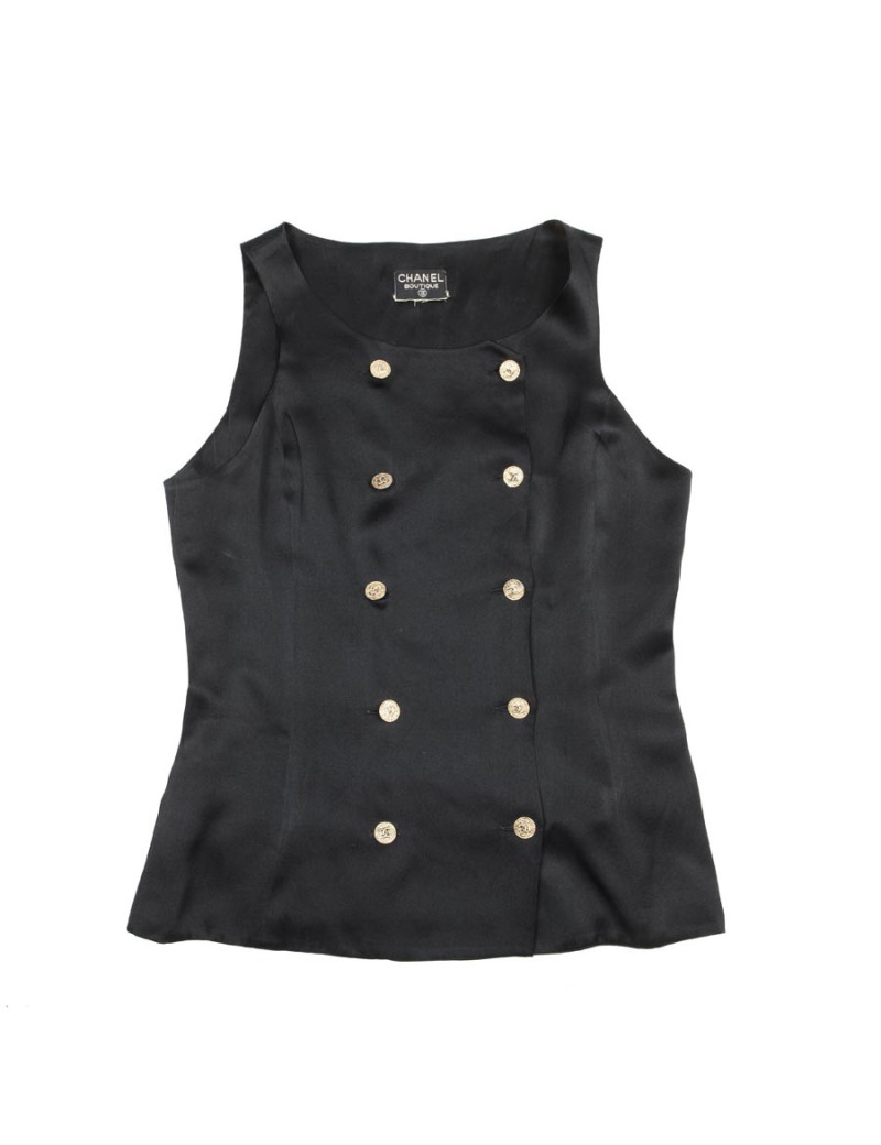 CHANEL sleeveless blouse Size 36FR in black silk and golden button 