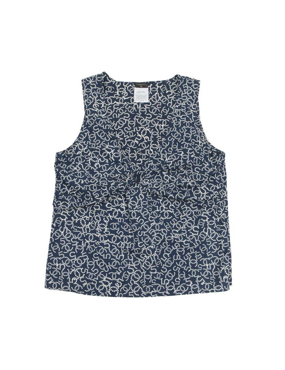 CHANEL T 40 sleeveless blouse in navy and white monogram cotton