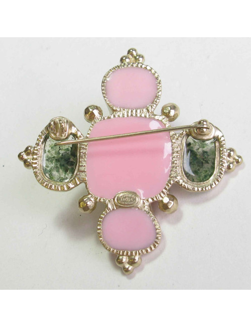 CHANEL cross brooch in gilded metal, molten glass, shell and freshwater pearls