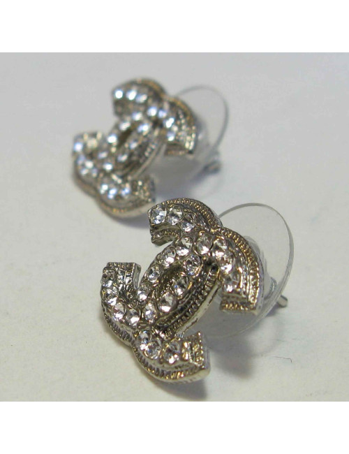 CHANEL CC Studs earrings in silver plated metal and rhinestones