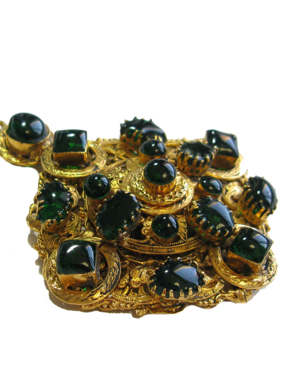 Sautoir MARGUERITE de VALOIS en pâte de verre couleur émeraude et métal doré 