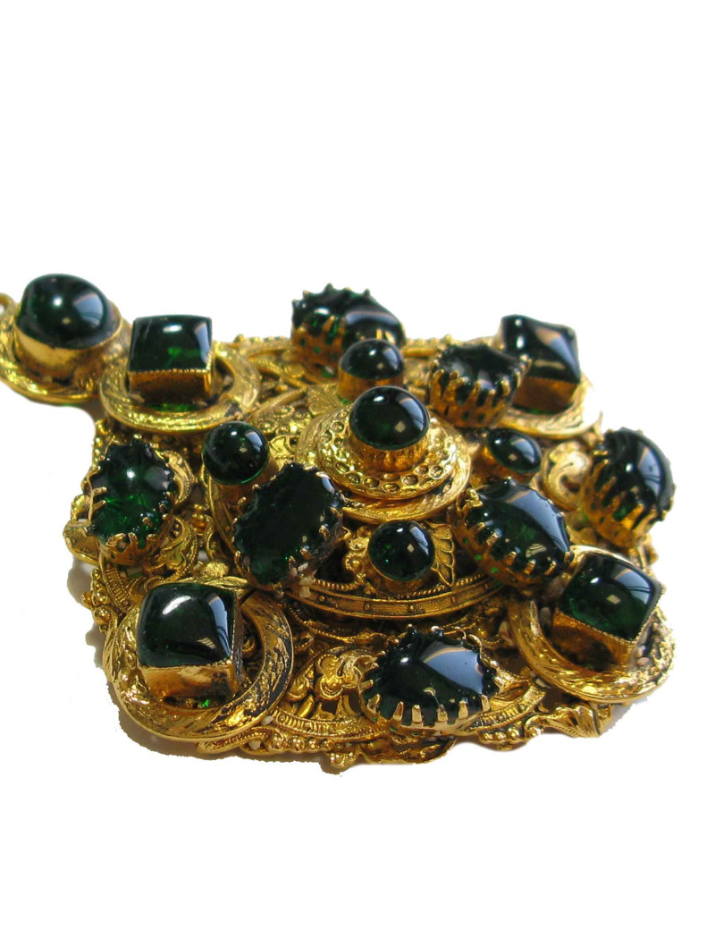 Sautoir MARGUERITE de VALOIS en pâte de verre couleur émeraude et métal doré 