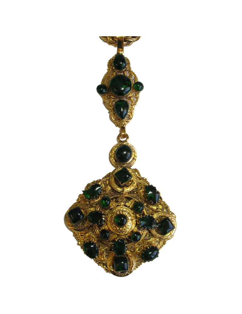 MARGUERITE de VALOIS long necklace in gilded metal and Emerald colored molten glass