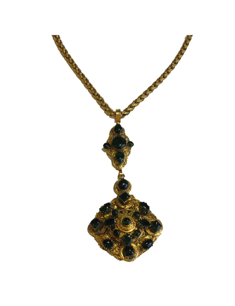 MARGUERITE de VALOIS long necklace in gilded metal and Emerald colored molten glass
