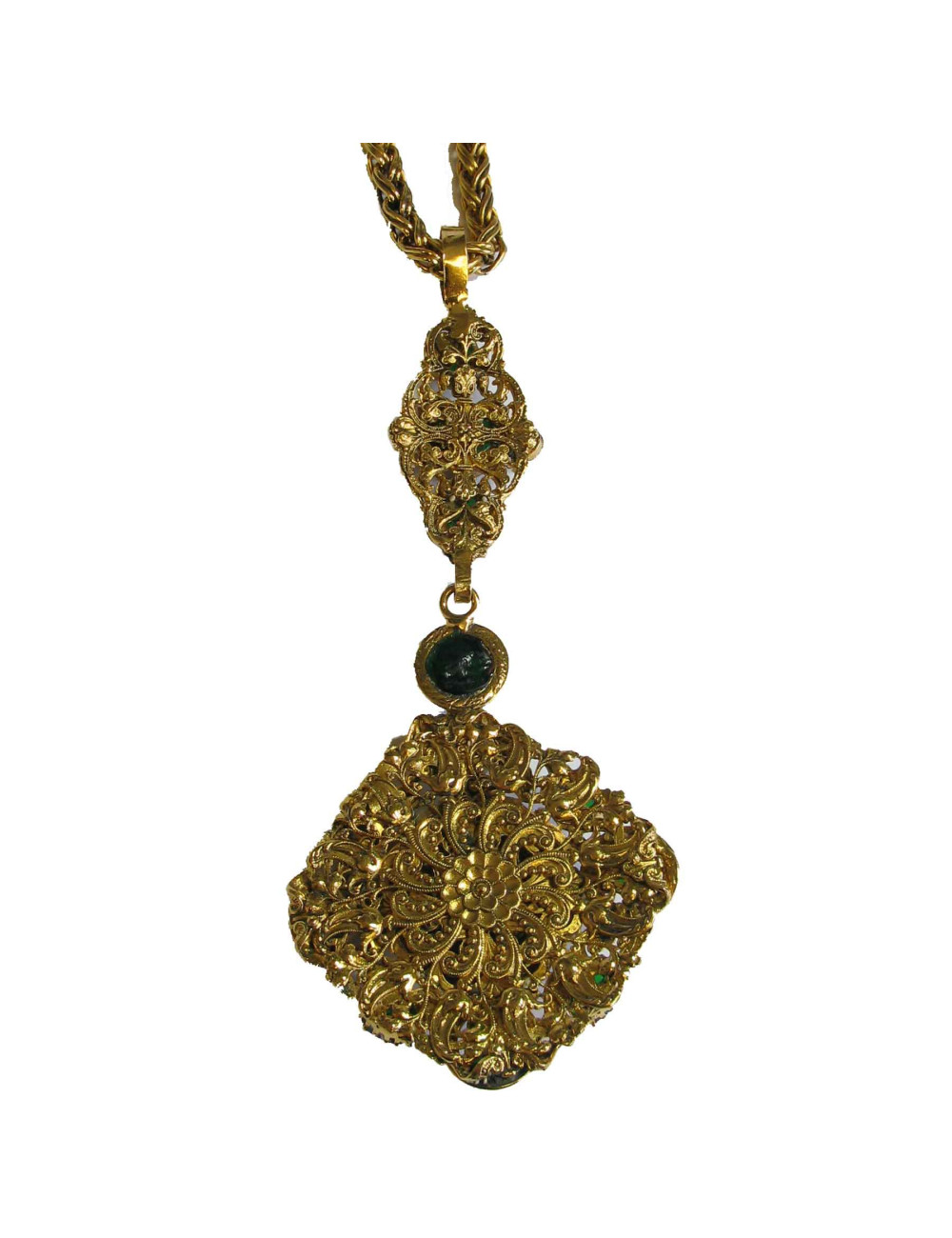 Sautoir MARGUERITE de VALOIS en pâte de verre couleur émeraude et métal doré 