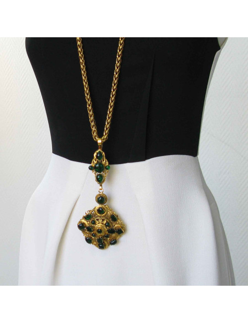 Sautoir MARGUERITE de VALOIS en pâte de verre couleur émeraude et métal doré 