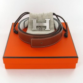 Brown and white reversible leather belt: HERMES T95