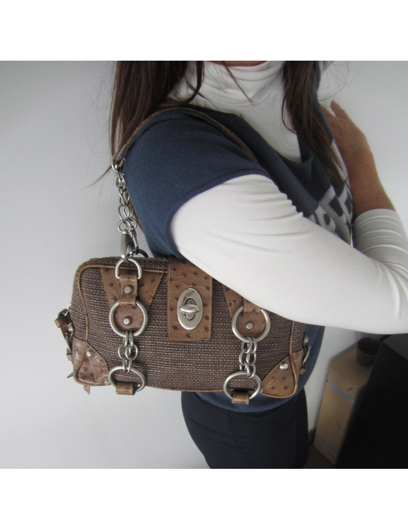 Sac Barbara BUI en cuir façon autruche et tissus rafia