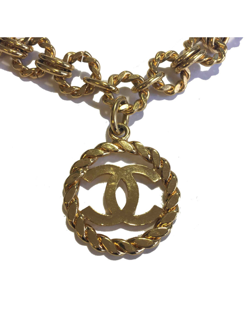 xxx Sautoir CHANEL Vintage chaîne et pendentif rond en métal doré
