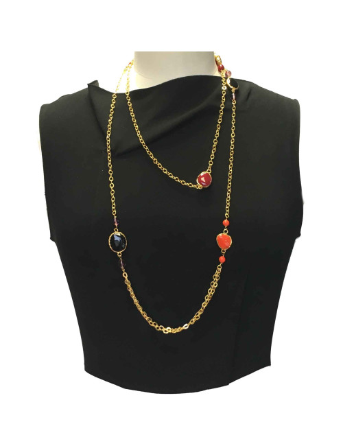 Sautoir MARGUERTE DE VALOIS en métal doré et pâte de verre multicolore