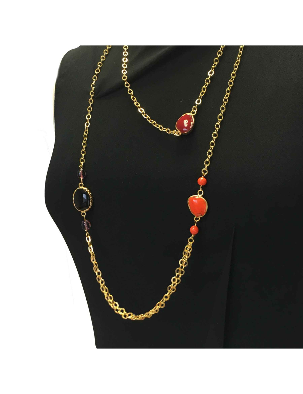 Sautoir MARGUERTE DE VALOIS en métal doré et pâte de verre multicolore