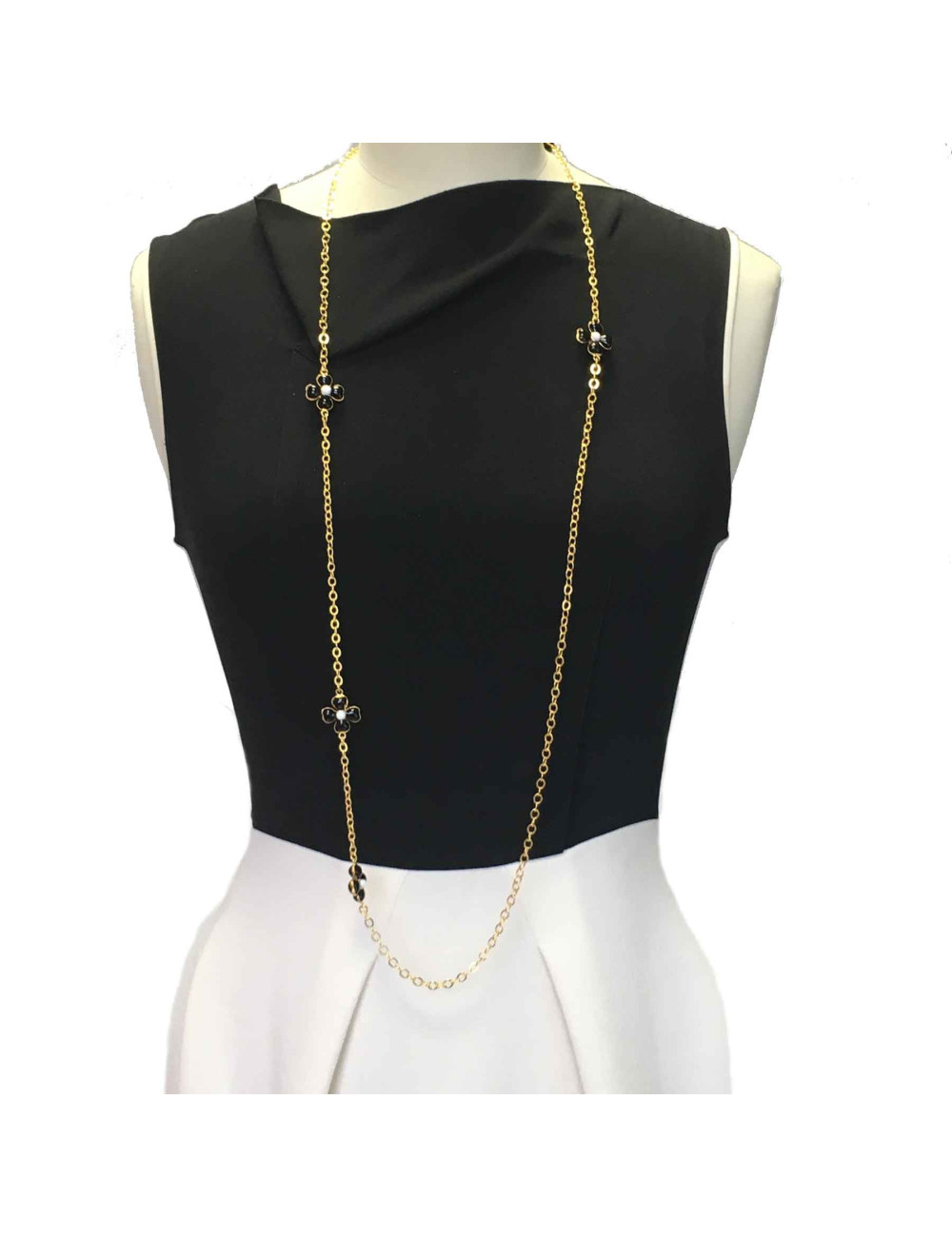 Sautoir MARGUERTE DE VALOIS Fleurettes noires et blanches