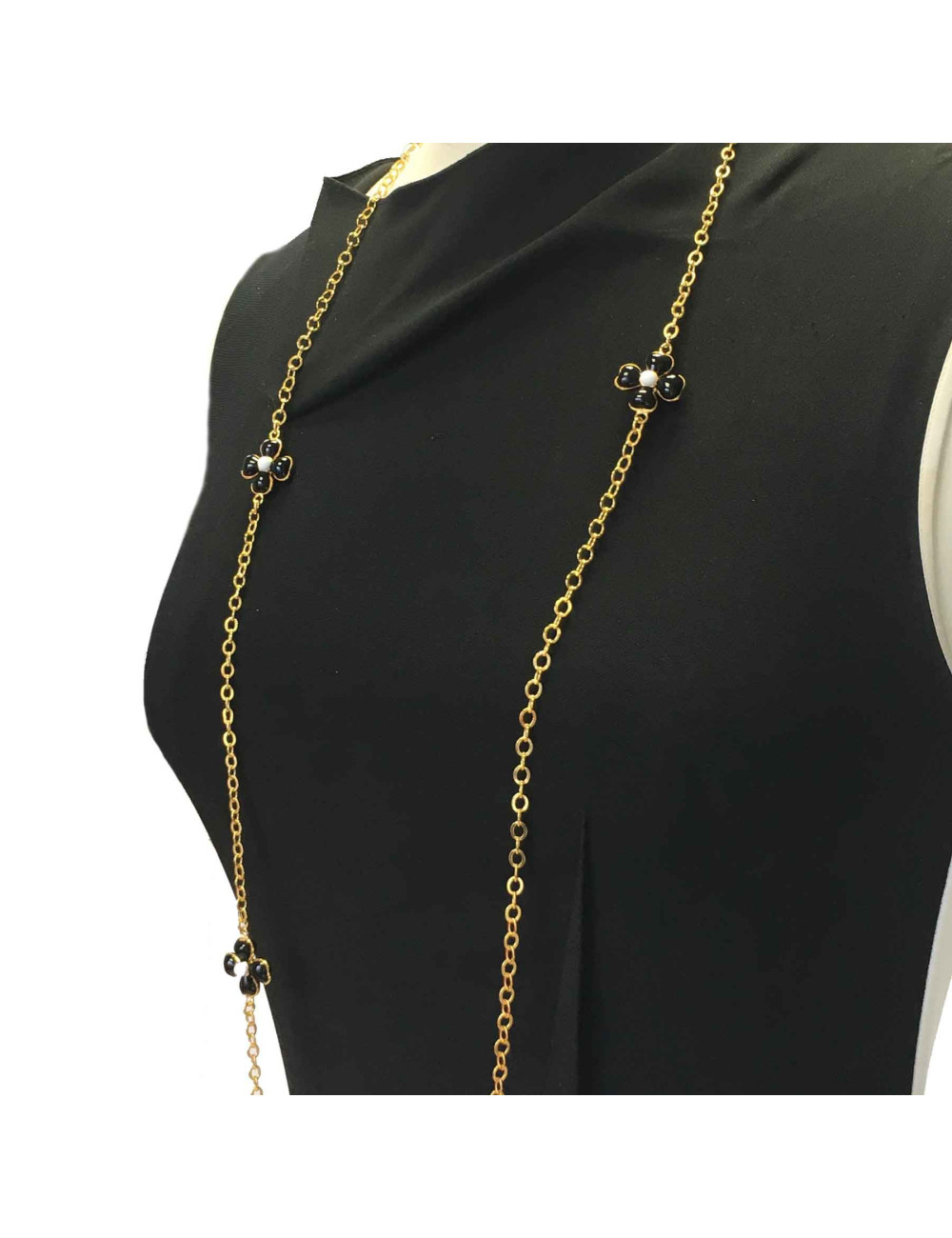 Sautoir MARGUERTE DE VALOIS Fleurettes noires et blanches