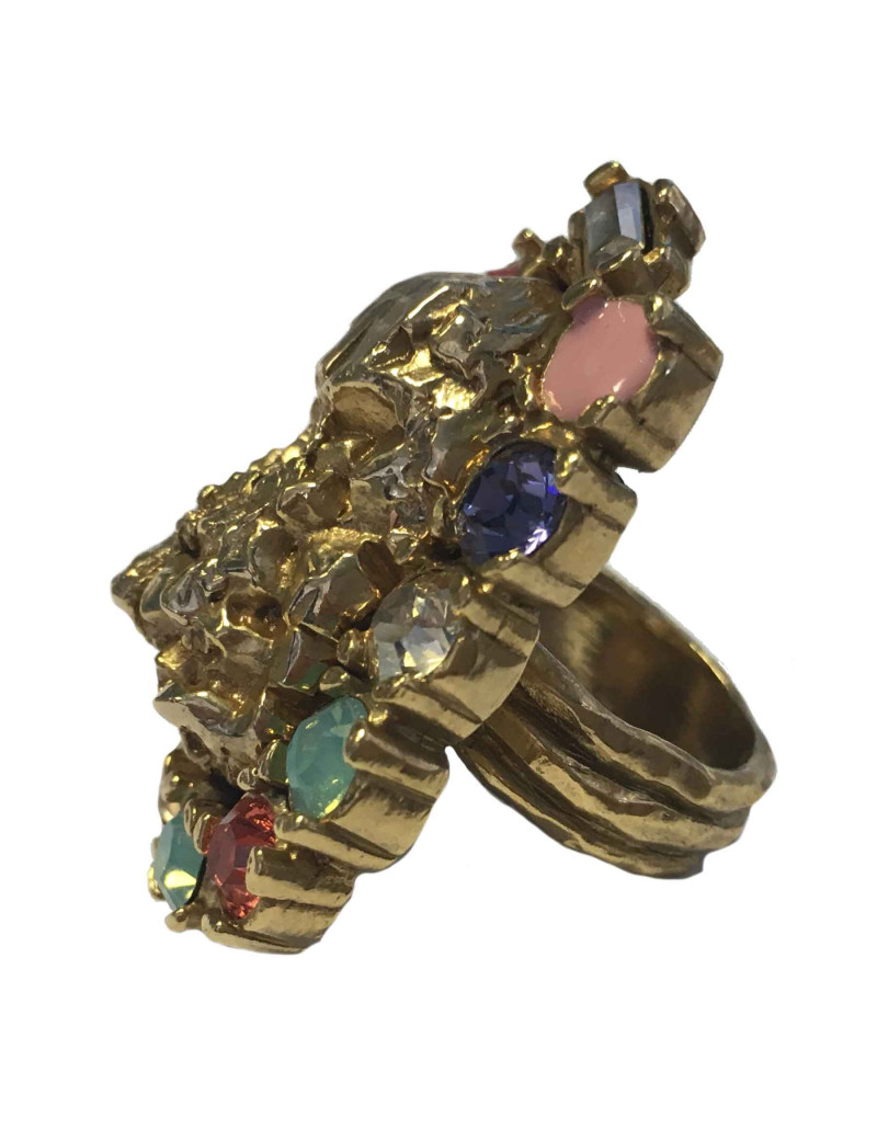 Bague YVES SAINT LAURENT Vintage coeur en métal doré et strass de couleur