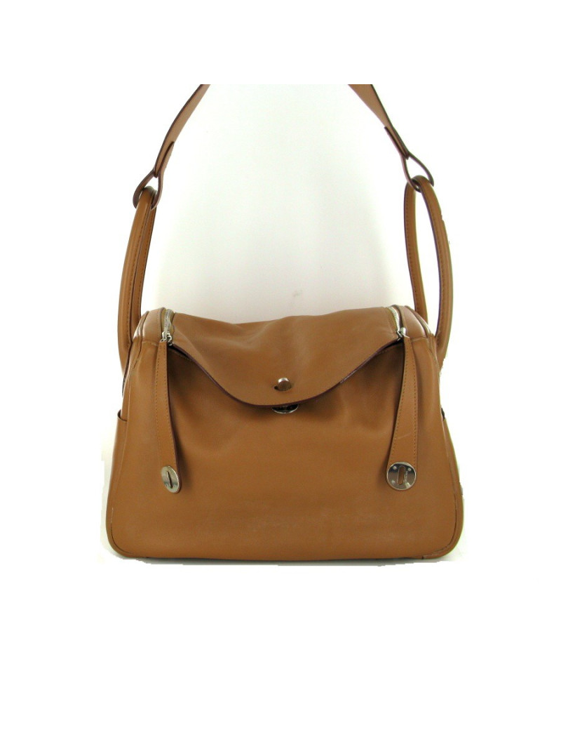 Sac HERMES lindy en cuir d'agneau couleur camel
