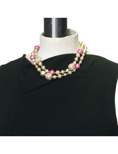 Collier CHANEL double rang de perles nacrées, grises et rose vintage