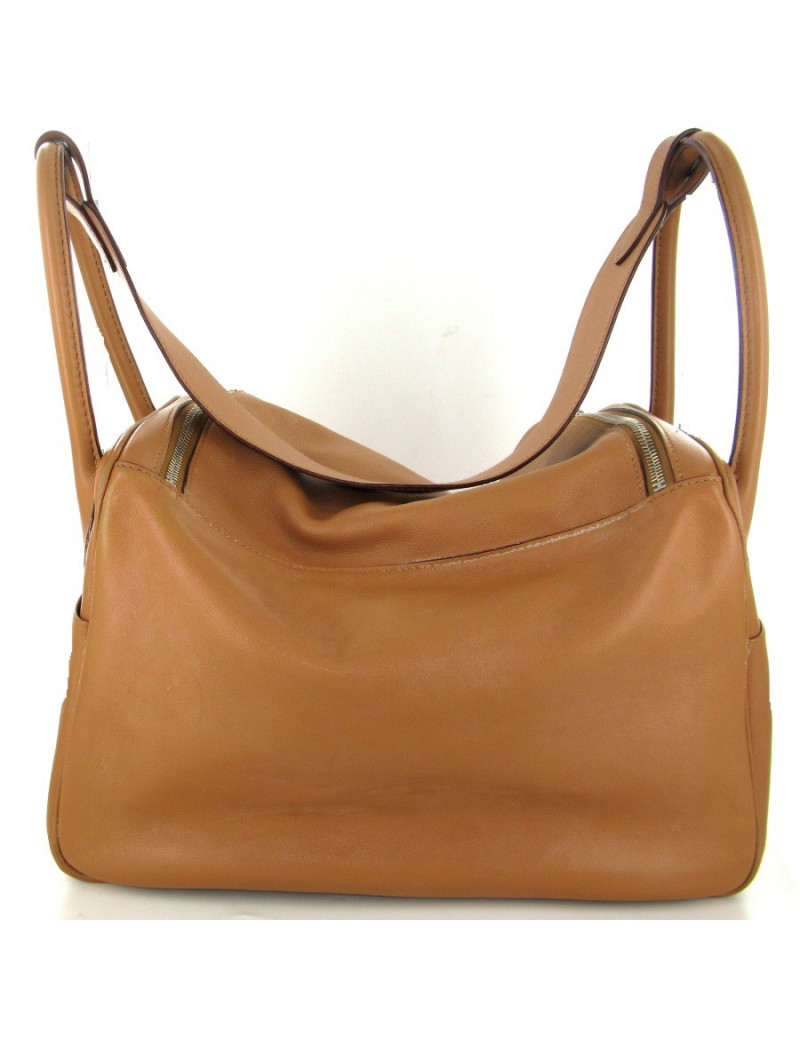 Sac HERMES lindy en cuir d'agneau couleur camel