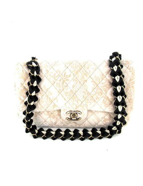 Sac CHANEL série limitée timeless en velours beige brodé de fils dorés