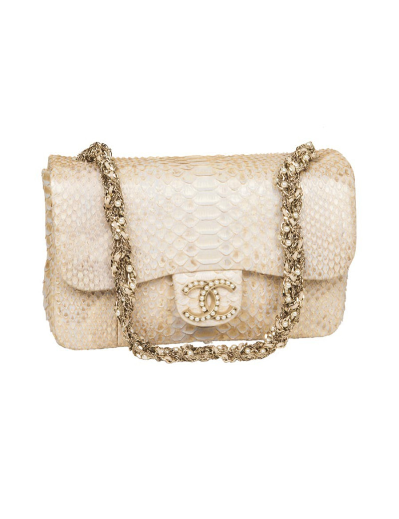 Sac CHANEL  python beige doré et perles