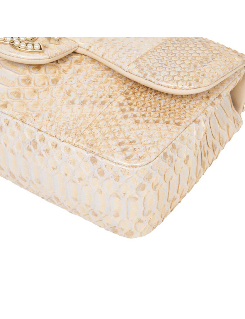 Sac CHANEL  python beige doré et perles