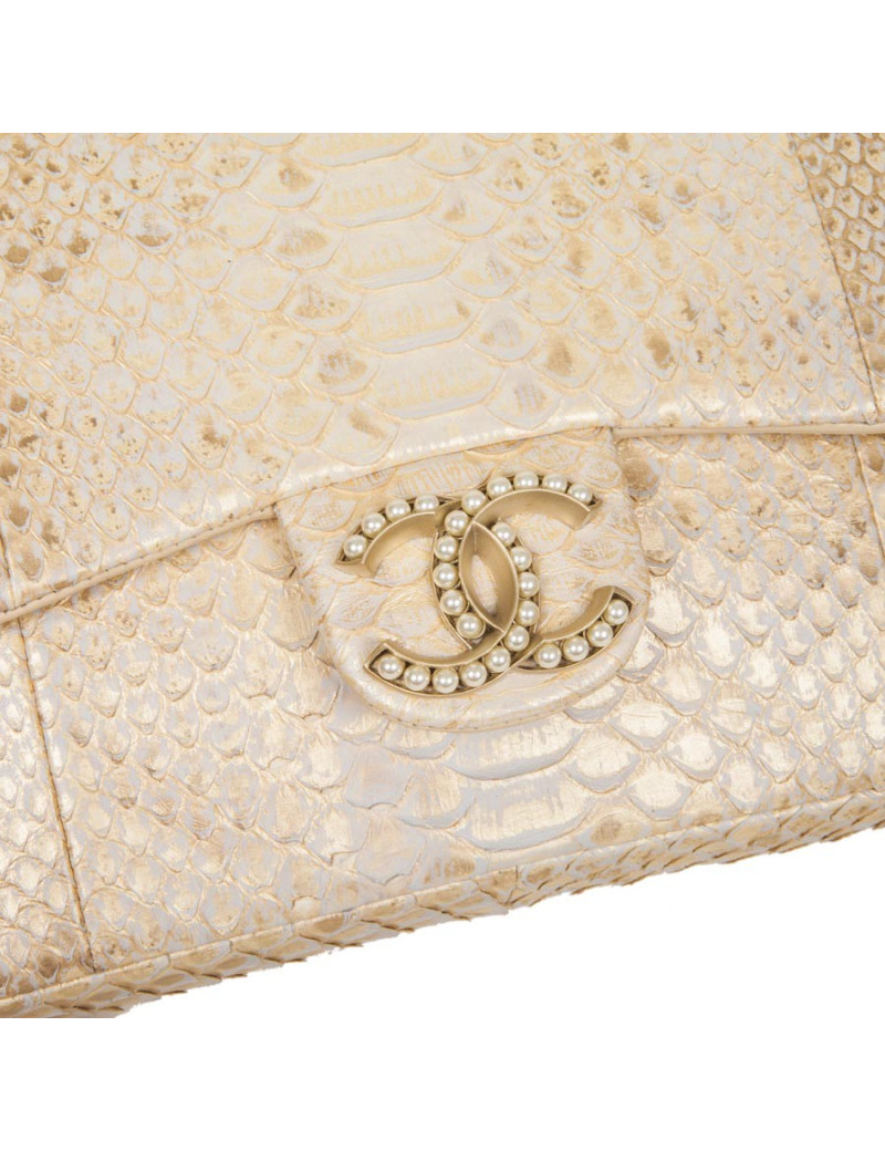 Sac CHANEL  python beige doré et perles
