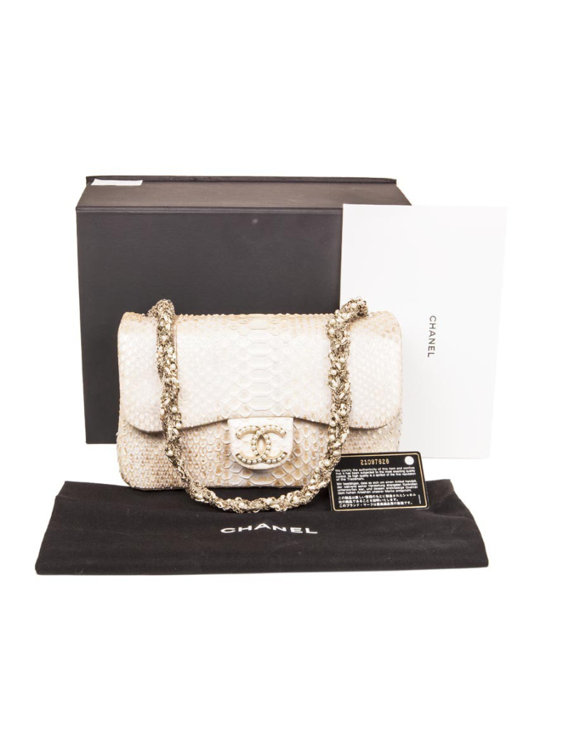 Sac CHANEL  python beige doré et perles