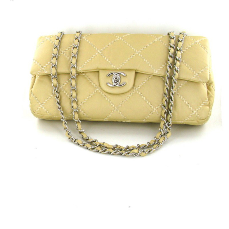 CHANEL leather bag soft beige color with embroidered rhombuses - VALOIS  VINTAGE PARIS