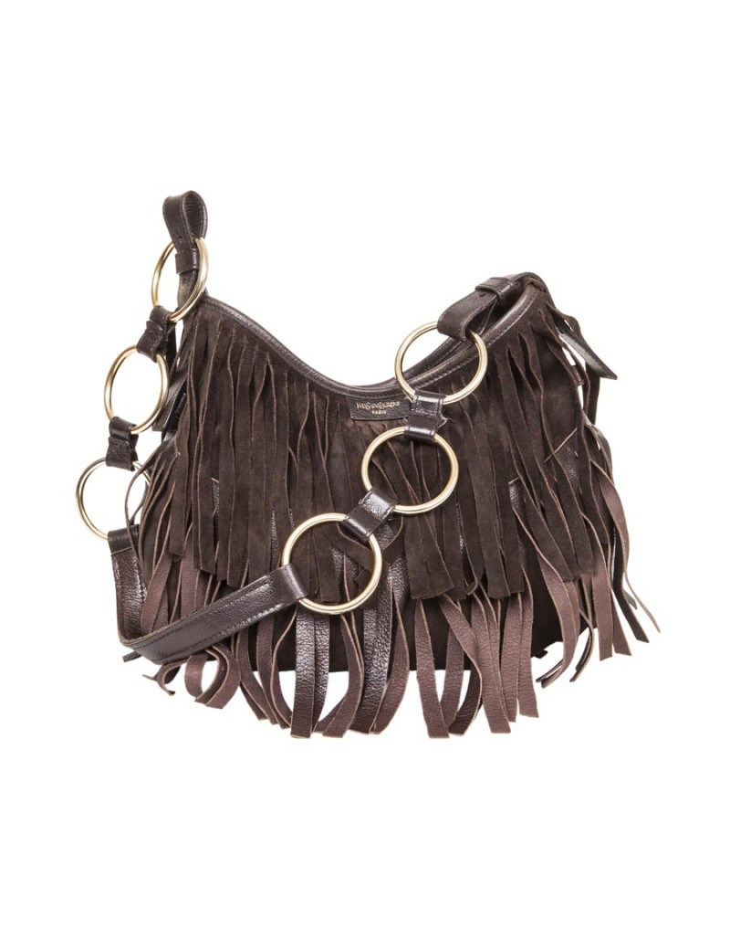 Sac YSL SAINT LAURENT en veau velours marron à franges