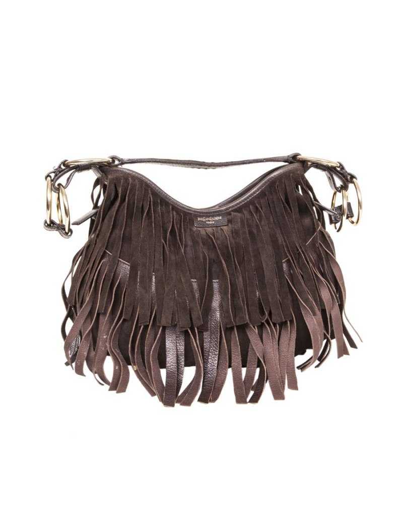 Sac YSL SAINT LAURENT en veau velours marron à franges
