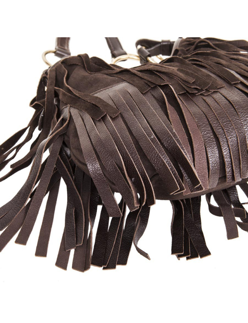 Sac YSL SAINT LAURENT en veau velours marron à franges