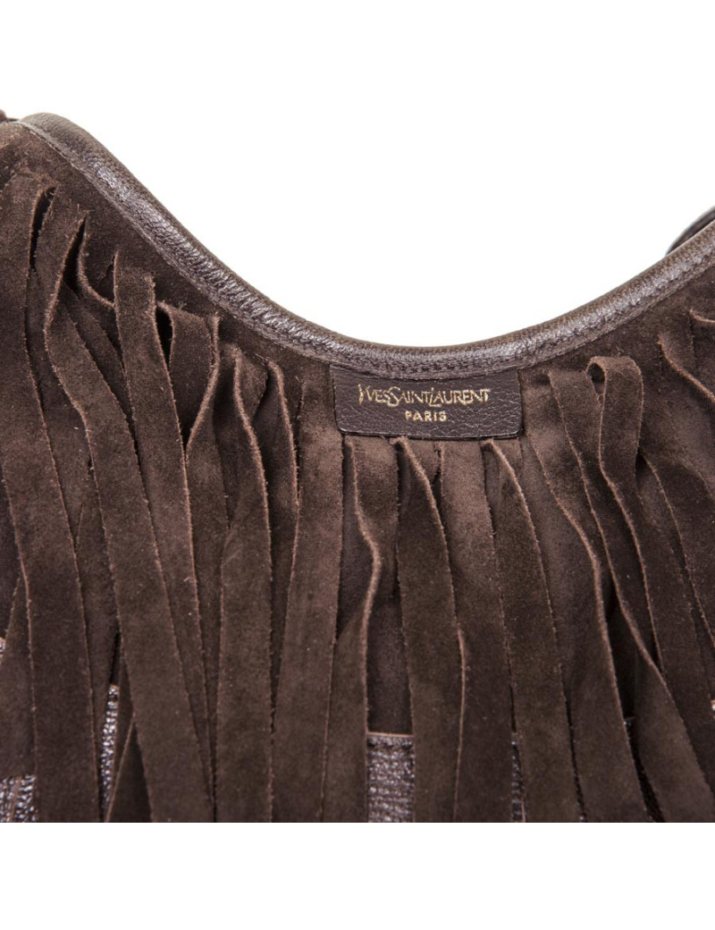 Sac YSL SAINT LAURENT en veau velours marron à franges