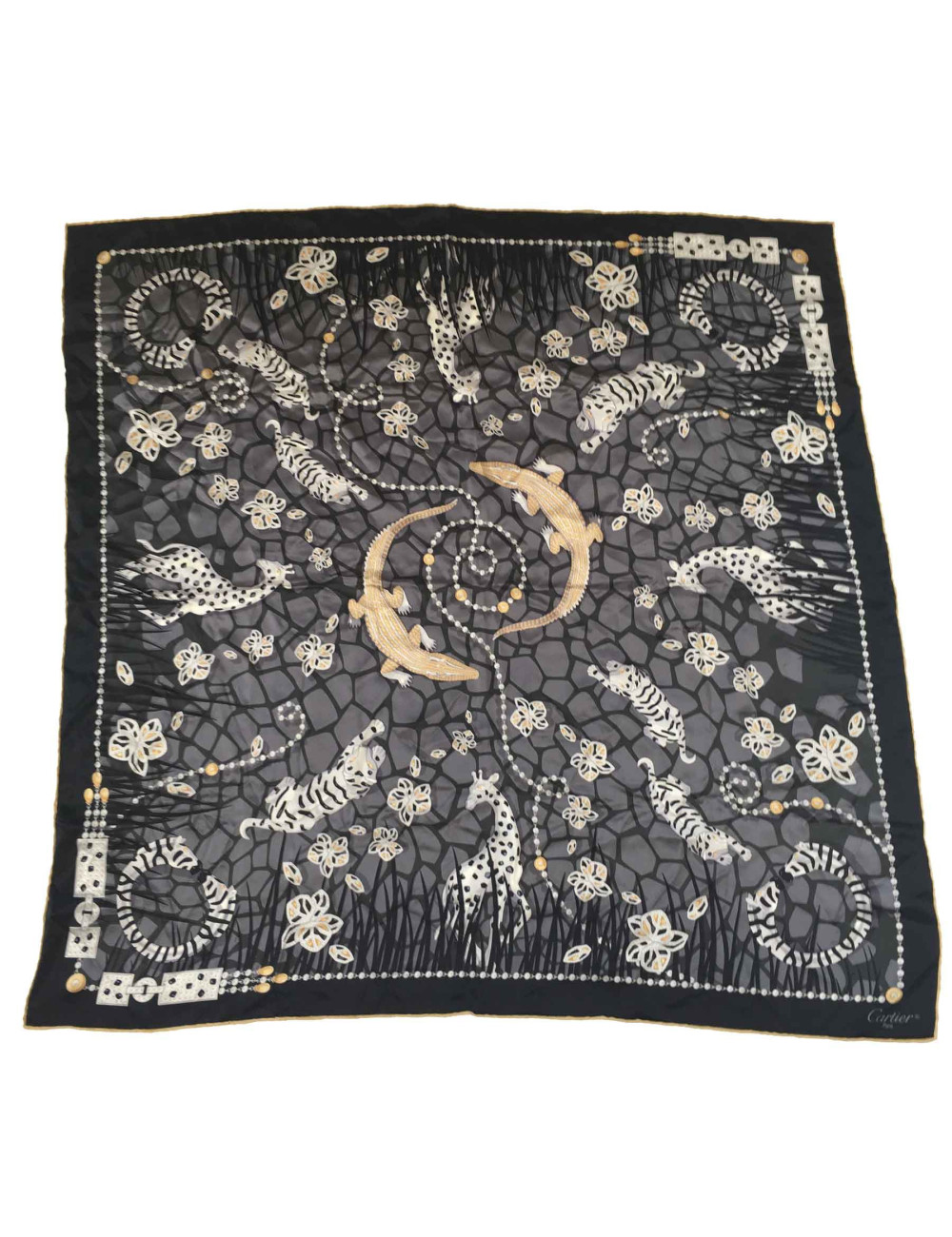 Carré CARTIER "Panthère" en soie noire, grise et or
