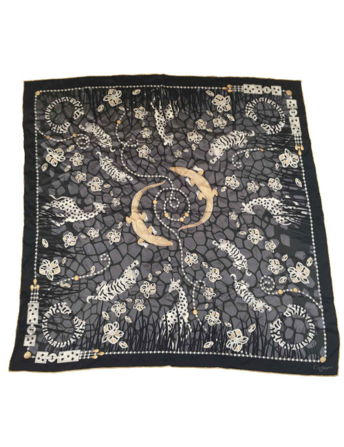 Carré CARTIER "Panthère" en soie noire, grise et or